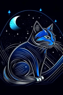 A sleek, silver CAT with a single, neon fin, cruising through a starry night sky. Style: Art Deco, Mood: Mysterious and Glamorous, Lighting: Deep blue with neon highlights, T-shirt design graphic, vector, contour, white background.