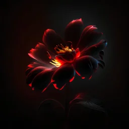 HD, photorealistic, black background, glowing red object with a flower behind it