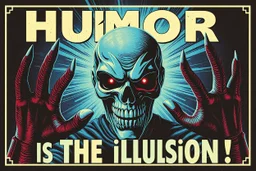 "Humor is the illusion!" propaganda poster in the style of Giger
