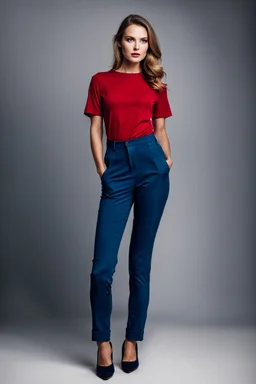 fullbody shot of young-beautiful-german girl-with-a-perfect-face-with-make-up-wearing- blue top and dark red pants standing , prophesional photography studio