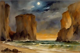 Night, rocks, cliffs, sci-fi, distant mountains, sea, waves, sand, seashore, epic, fantasy, john singer sargent watercolor paintings