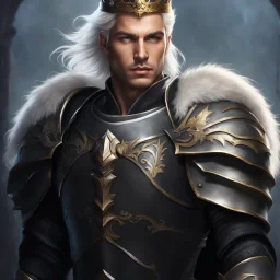 Male Tan Human, White Hair, Handsome Face, Wearing A Magical Crown, Black Heavy Armour, Dark colours theme, Very Dark Background, Paladin Greatsword Strapped to his Back