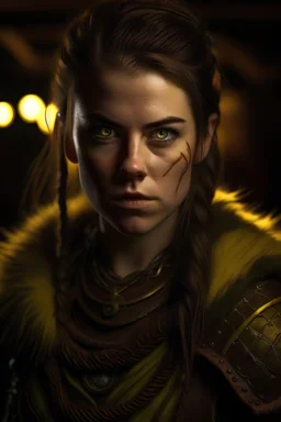 portrait of a beautiful female barbarian, messy braided long brown hair, wild yellow eyes, confident, dressed in a revealing fur armor, standing in a tavern, realistic, war paint, fierce, dim lighting, ocult, petite, cinematic lighting, highly detailed face, very high resolution, looking at the camera, centered
