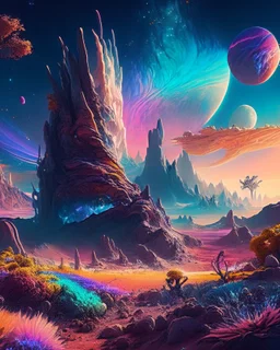 A breathtaking panorama of an alien landscape, with towering crystalline formations, glowing flora, and a vast, multicolored sky filled with celestial wonders. The scene is filled with a sense of awe and mystery, inviting the viewer to explore the uncharted terrain and ponder the unknown. 16K resolution, vivid colors, and imaginative details make this image a feast for the eyes.