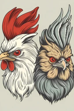 Image of a cat head and a rooster head