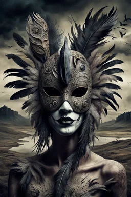 An surreal stunning image of a crepy ritualistic Feathered Mask-face mutant witd dark eyes, pale skin, on creature, with dark muted tones, a grim and weird atmosphere, textured impasto-like effect with ink, intricate details, surreal vibe, expressive focusing, muted tones, gradients, thriller and utopistic mood, in background barren landscape, ruins, dark shadows