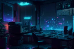 Cyberpunk studio, desk, window, computer screens, dark, neon, night,