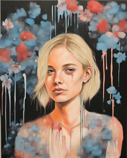 portrait, acrylic, fine drawing, blonde, woman, flowers, paint drips