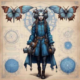 Jean-Baptiste Monge style hand drawn technical,full body portrait illustration , with detailed blueprints and engineering schematics of a walking hybrid Atlas moth insect goth girl, with highly detailed facial features with multi cellular eyes, drawings, and technical notation, 8k, vibrant natural colors