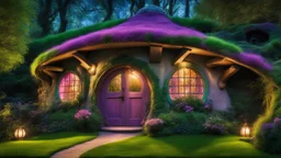 hobbit cottage in the woods surrounded by trees, night, whimsical feel, pinks, blues, purple and green colors, circular hobbit-style door with central knocker, circular hobbit-style windows, green grass roof, lanterns, starlight, chiaroscuro, quaint, homely, inviting, LOTR, Tolkien