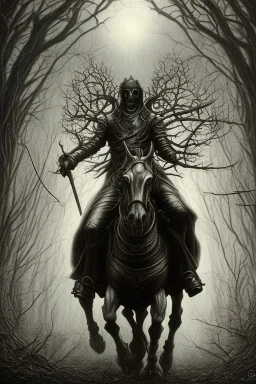 sleepy hollow headless horseman by h r Giger, Tim burton, junji ito, dystopian surrealism, dark horror fantasy, hdr, artstation intricate details, demonic, dark art, dark noir, neoclassical gothic horror