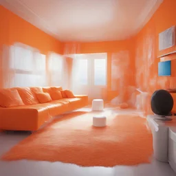 Surreal living room where everything is in plastic, orange, even the walls and windows and shaggy carpet, futuristics
