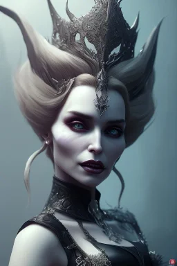 Constance Langdon as evil queen in black leather, leather, busty, cleavage, angry, stern look. character design by cory loftis, fenghua zhong, ryohei hase, ismail inceoglu and ruan jia. unreal engine 5, artistic lighting, highly detailed, photorealistic, fantasy