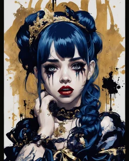 Poster in two gradually, a one side malevolent goth vampire girl face and other side the Singer Melanie Martinez face, full body, painting by Yoji Shinkawa, darkblue and gold tones,