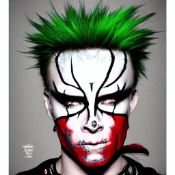 Keith Flint symmetric geometric portrait, surrealism, green hair, black metal facepaint, red eyes