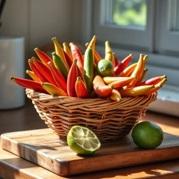 Culinary still life rendered full-screen, sidelit by sunlight streaming in the kitchen window, sharp-focus, macro-view, very close-up and in watercolor. The subject of the frontal-viewed still life is a woven water hyacinth basket filled with an array of elongated, narrow, oblong finger limes tapering at both ends, in the colors red, dark green, reddish-brown, light green and yellow-green. A single finger lime lies outside the basket on a wooden cutting board along with a small, weathered paring