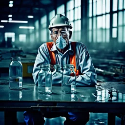 an very sad transparent glas man with working clothes, in a factory, nobody cares about the empty glas man, that is why he is so sad :( , he had worked 30 years in the factory and never had a salary increase, tears in his eyes, the working man is transparent