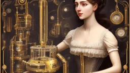 woman with dark wavy hair, with detailed metallic legs and arms, dressed like a Victorian, in a laboratory full of small machines