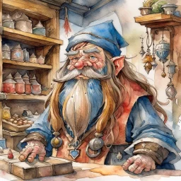 fantasy, watercolour, illustration, portrait, dwarf woman, sturdy, shopkeeper