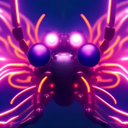 A beautiful portrait of a cyborg spider wite neon color scheme, high key lighting, volumetric light high details psychedelic background