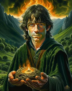 A dramatic, cinematic illustration of Frodo Baggins from "The Lord of the Rings," holding the glowing One Ring in front of him with a solemn expression. He wears a dark cloak, standing against a shadowy backdrop. Emerging from his chest is a surreal, split landscape: on one side, the peaceful Shire with lush green hills, hobbit holes, and a large tree; on the other, a fiery wasteland with Mount Doom erupting, lava flowing, and a dark army marching toward the volcano. Using rich textures and moo