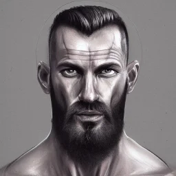 painted portrait of rugged man, nordic god, dark hair, shaved sides, masculine, 35 years old, handsome, upper body, stubble, grey and silver, muscular, hairy torso, fantasy, intricate, muscular, elegant, highly detailed, digital painting, artstation, concept art, smooth, sharp focus, illustration, art by gaston bussiere and alphonse mucha