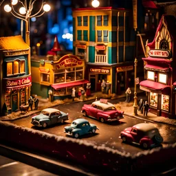 Close-up photograph of a diorama building, city, store, advertising, land-of-toys with detailed vintage toys made of cake-frosting and felt, strong texture, extreme detailed, movie shot, rich moody colors, sparkles, night, nightmare