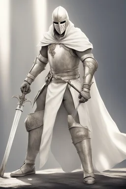Knight wearing white leather armor and white cape with white face mask, holding a spear