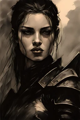 A formidable warrior girl in black armor, on the background Amazing gloomy landscape, flooded with sunset, mountains, trees, fabulous scary hero, , juicy emotions, painting, dark fantasy, gloomy day, dark world, portrait, A Quick Pencil Sketch Of A Portrait Of A 20 Years Old Woman; By Alex Maleev