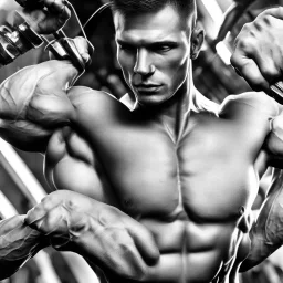 man with muscles doing fitness in a fitness studio, black and white only, realistic, close-up