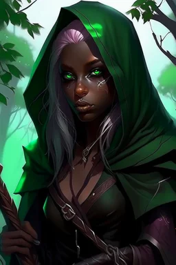 Hooded dark elf, rogue assassin, brown skin, bright green eyes, mauve hair, sneaky, trees, stoner, long bow, black leather straps, disheveled, smoking weed