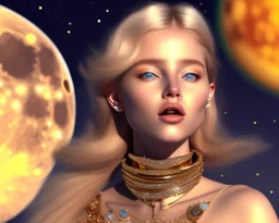 brown eyes, laugh, blonde sophie hennie cute young woman singing at saturns europa moon, golden jewelry, ice cold, winter, magnificent, majestic, highly intricate, incredibly detailed, ultra high resolution, complex 3d render,renaissance painting