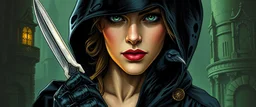 pen outline and airbrush, upper body portrait of clever crow vintage cloaked assassin thief quickling juggler weird pretty woman with Damascus steel sacrificial dagger in then elven magical green city of Forgotten Realms, myth drannor