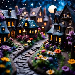 Detailed cozy street made of modeling clay, village, naïve, Tim Burton, flowers, galaxies, stars and planets, Harry Potter, strong texture, extreme detail, decal, rich moody colors, sparkles, clean, bokeh, odd