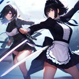 Clear focus,High resolution, Black short fluffy hair, and purple eyes, wearing a maid outfit, must wear a short skirt, holding a glowing katana, fighting stance