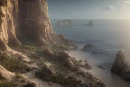 low-angle shot of a Craggy cliffside overlooking a sandy beachside, fantasy, mystical