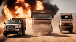 4k photorealism: A damaged truck after an explosion on a dirt road, set against a vast background. Capture the scene with an extreme long shot, using an aperture of f/11, a 24mm lens, and take advantage of natural daylight.