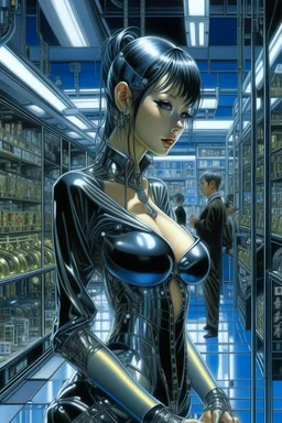 A digital photography portrait, by Hajime Sorayama, of a tech cybergirl standing in a cyberpunk shopping.