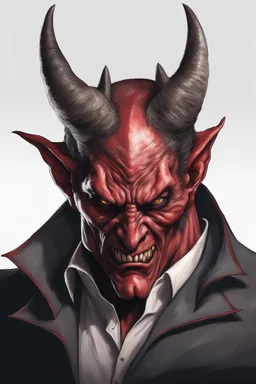 Realistic malevolent devil leaning forward at an angle facing left, posed as if over a person's shoulder, red skin, horror style, no other person.