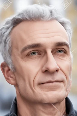 realistic, Caucasian face, studio lighting, cinematic light, handsome man, grey hair, no smile, (head frame), on light background, curiously complete, elegant, close to perfection, dynamic, highly detailed, non-symmetrical body a, detailed natural oily hair and skin texture.