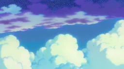 floating ruins of an asian village with purple sky full of stars, sunflower field, anime, high res, makoto shinkai