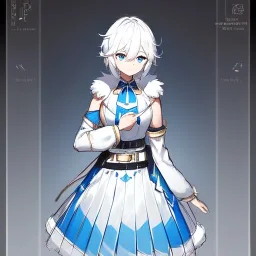 Clear focus, High resolution, rough line sketch art, short fluffy white hair, hair between eyes, fluffy hair, blue eyes, wearing a sleeveless shirt, wearing a a pleated skirt , detailed outfit, lots of details, bow on belt, white belt, white and blue everywhere on outfit, cut sleeve, yellow chains around outfit, concept art, arms folded, 1girl, genshin splash art, gift box looking