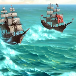 Two pirate ships fight each other at sea. Firing cannons.