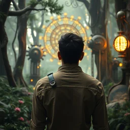 Scene from a modern fantasy live-action movie featuring the "Garden of Practicality", the Clockwork Forest Realm of Ix Chel, Cyberpunk style. At most one human being viewed from the back, further away from the view point.