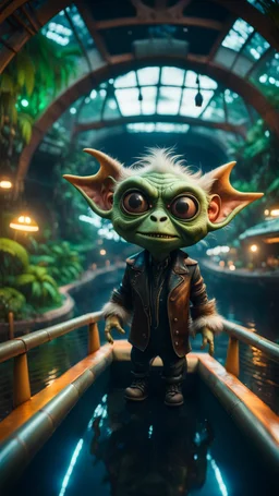 fish-eye photo of furry hairy pimp rocker priest alien gremlin on boat bridge over water slide in dark lit reflective wet jungle hall dome hotel tunnel, in the style of fallout 4 game,bokeh like f/0.8, tilt-shift lens 8k, high detail, smooth render, down-light, unreal engine, prize winning