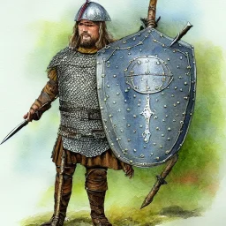 Chain mail, Anglo Saxon, full body, watercolour, spear, shield, standing