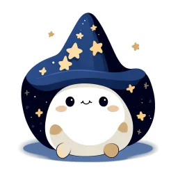 drawing of cute small mochi character with whitch hat in dark blue colour with small gold stars on it on, on white background