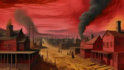 A dark reddish magenta western town covered in smoke painted by Vincent van Gogh