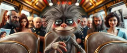 fascist dynasty soap opera, entire cast, movie poster, with posters in it, close up portrait of hairy fluffy polymer clay cute female happy worried monster with realistic human colored and textured skin, and long sleek limbs and with studio lights, on a luxury ornate neon buss, talking to his aunt