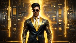 Hyper Realistic handsome muscular Electric-Superhero with short-black-hair wearing long-fancy-yellow-tuxedo-with-golden-circuit-patterns, Black-shirt & Golden-electric-tie & fancy-golden-sunglasses in a dark-rustic-circuit-room with electric-sparks-&-rays & a massive circuit-board-wall with-glowing-embers showing dramatic & cinematic ambiance.